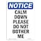 Signmission OSHA Notice, 7" Height, Calm Down Please Do Not Bother Me Sign, 7" X 5", Portrait OS-NS-D-57-V-10415 - alternate 1